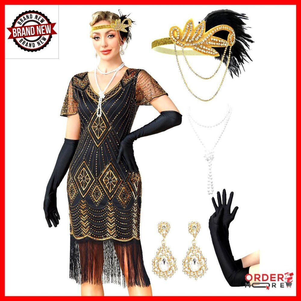 1920s Flapper Dress with Beaded Sleeves and Accessories, Size Medium
